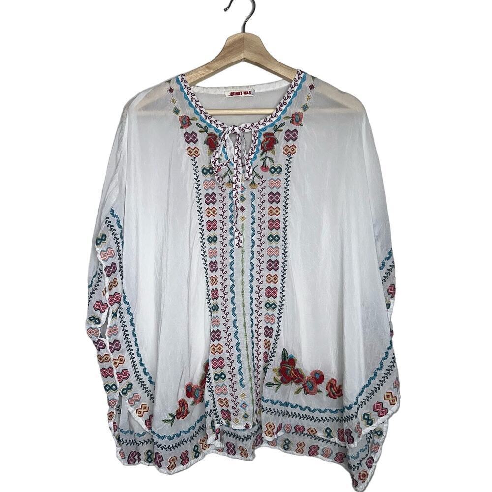 Johnny Was Floral Embroidered Sheer Blouse White Size XS Boxy Pullover